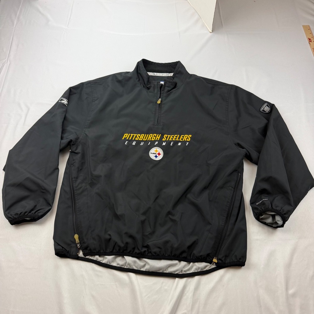 Reebok Windbreaker Jacket Mens Large Black Pittsburgh Steelers NFL Quarter Zip